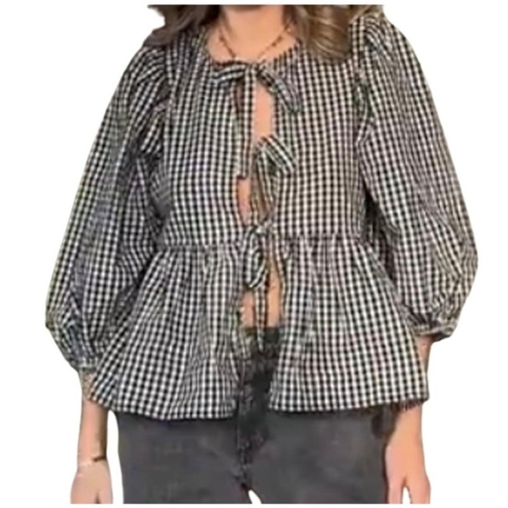 MANGMAO Shirt Womens Medium Front Tie Checker Peplum Puff Sleeve 3/4 Black Top